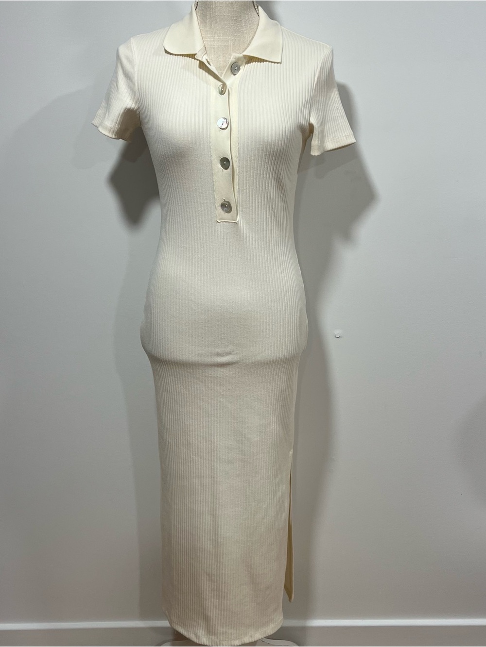 H&M Cream Ribbed Polo Midi Dress